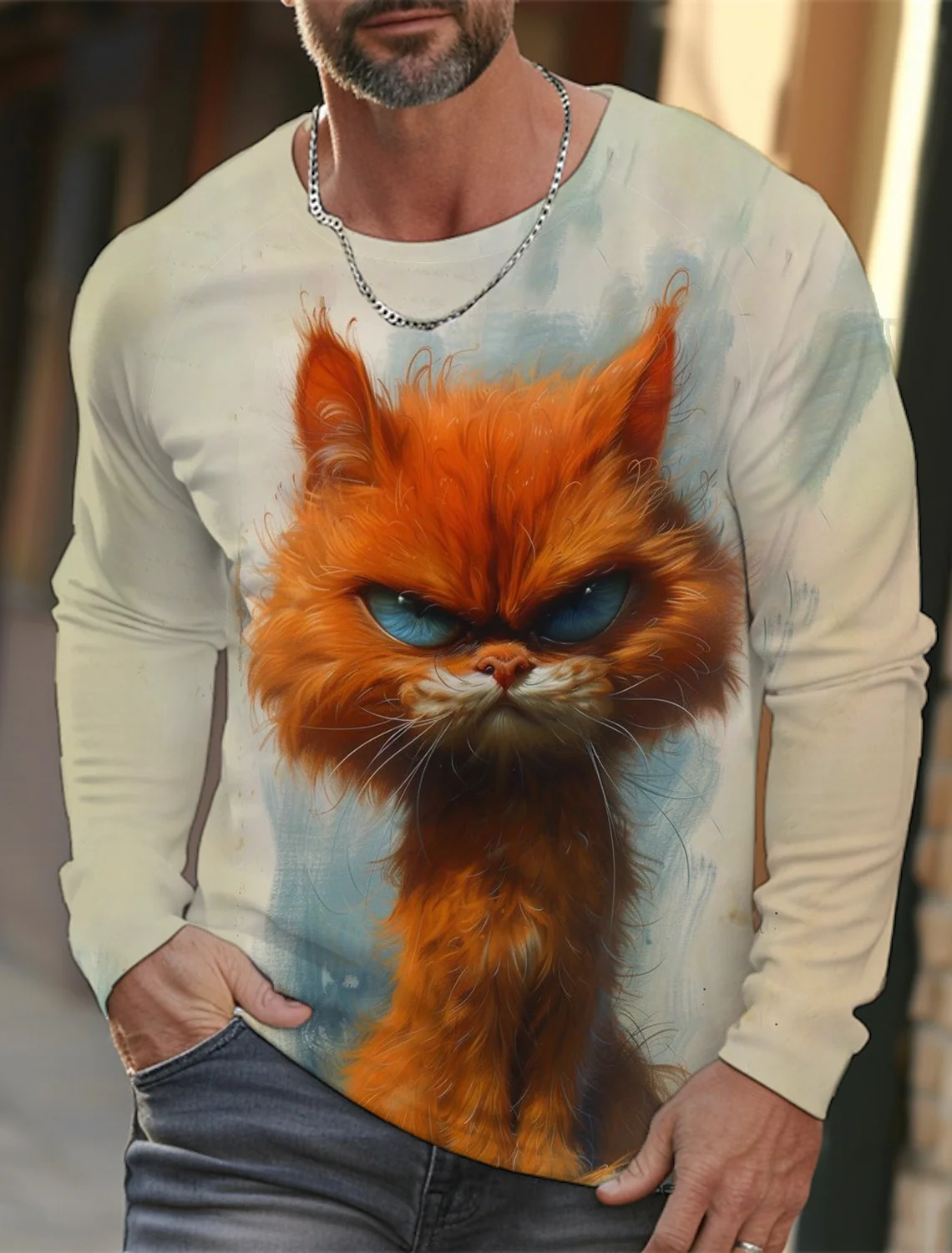 2024 Funny Animal Design Retro Men 3D Printing Street Casual Daily Gray Longsleeved Round Neck Shirt Spring And Autumn Clothing