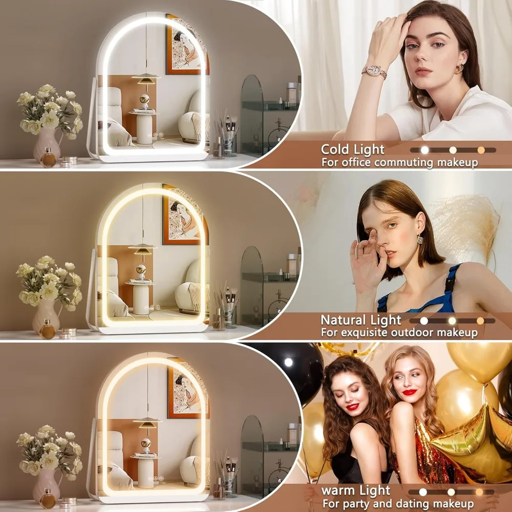 11x14 Arched LED Vanity Mirror with Touch Control, Dimmable Lights, 360 Rotation - White