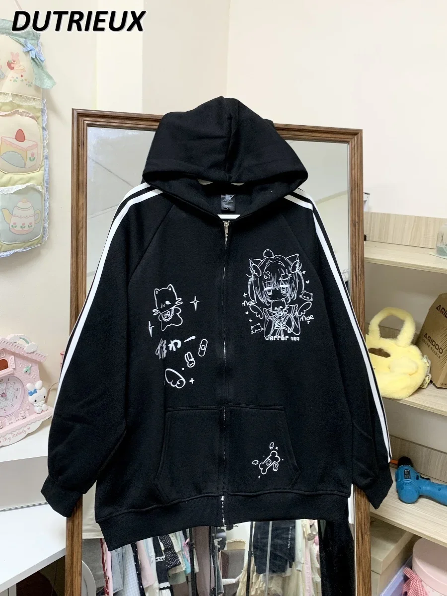 Original Japanese Cartoon Print Autumn and Winter Zipper Fleece Jacket Sweet Cute Girl Versatile Hooded Thickened Sweatshirt