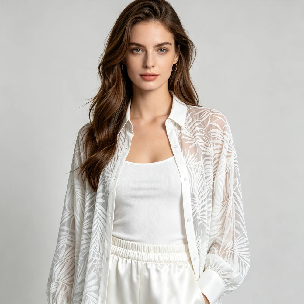 Women's Summer New Soft Glutinous Natural Mulberry Silk Embroidered Semi Transparent Sunscreen Square Neck Long Sleeved Cardigan