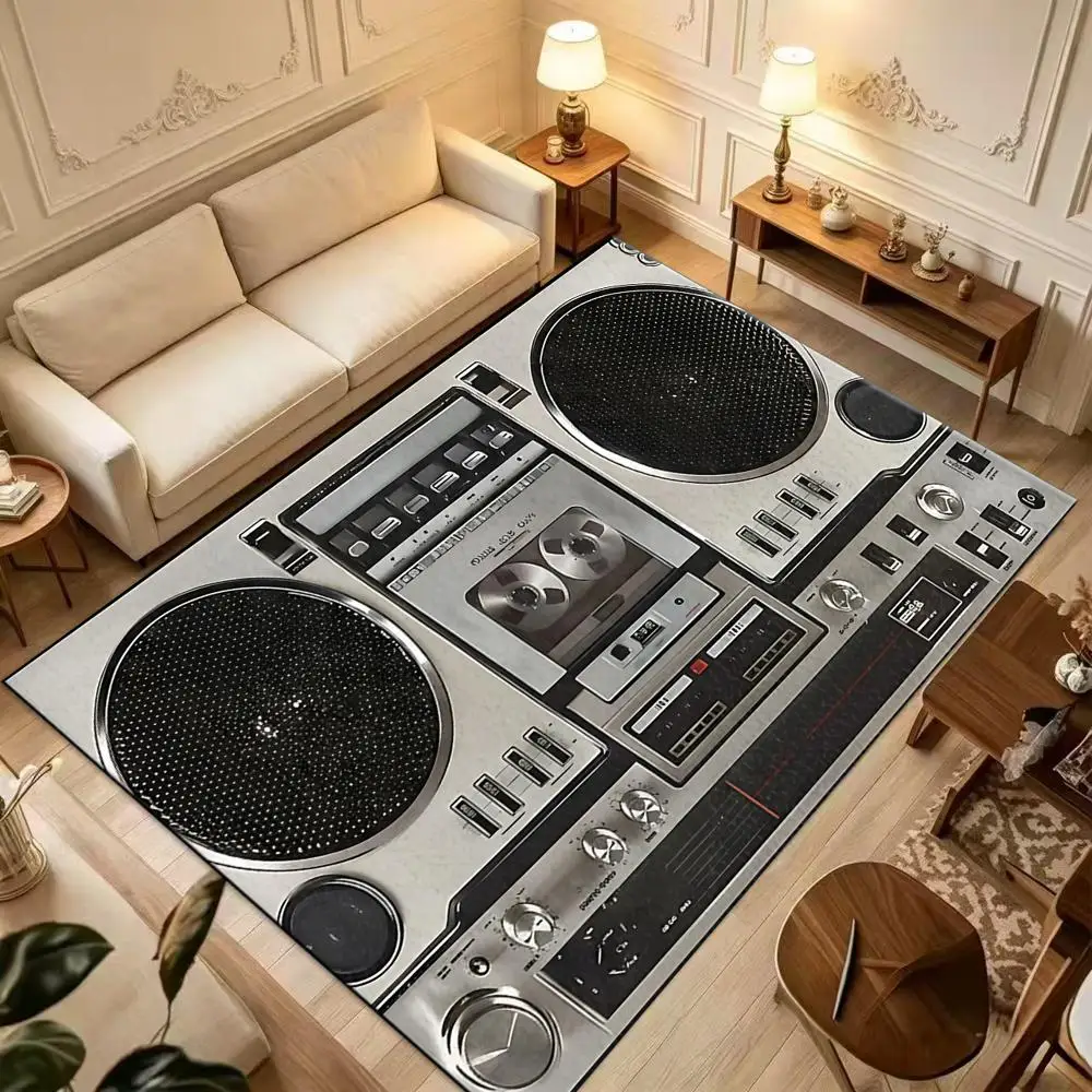 Vintage Retro Speaker and Record Player Printed Carpet, Rock Music Style Carpet, Suitable for Music Room and Bedroom Decoration