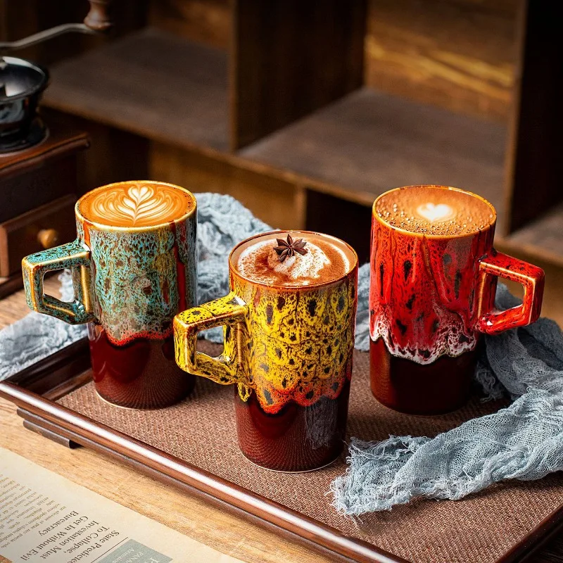 1pcs Creative Ceramic Glazed Barrel Shape Beer Cup Japanese Kiln Style Coffee Cup Latte Art Retro Latte Cup Home Outdoor Mug