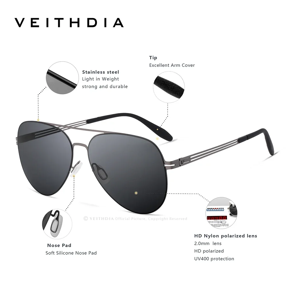 

VEITHDIA мужские солнцезащитные очки-пилоты спортивные поляризационные UV400 нейлоновые линзы уличные очки для вождения солнцезащитные очки из нержавеющей стали для мужчин VX8218