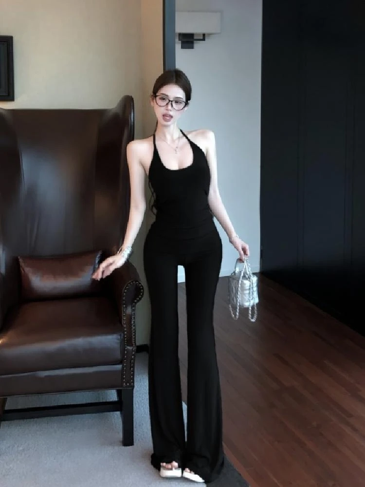 

White Hanging Ne Vest with Built-in Bra Women's Summer Flip Waist Head Micro Flared Casual Floor-Length Pants Two-Piece Set