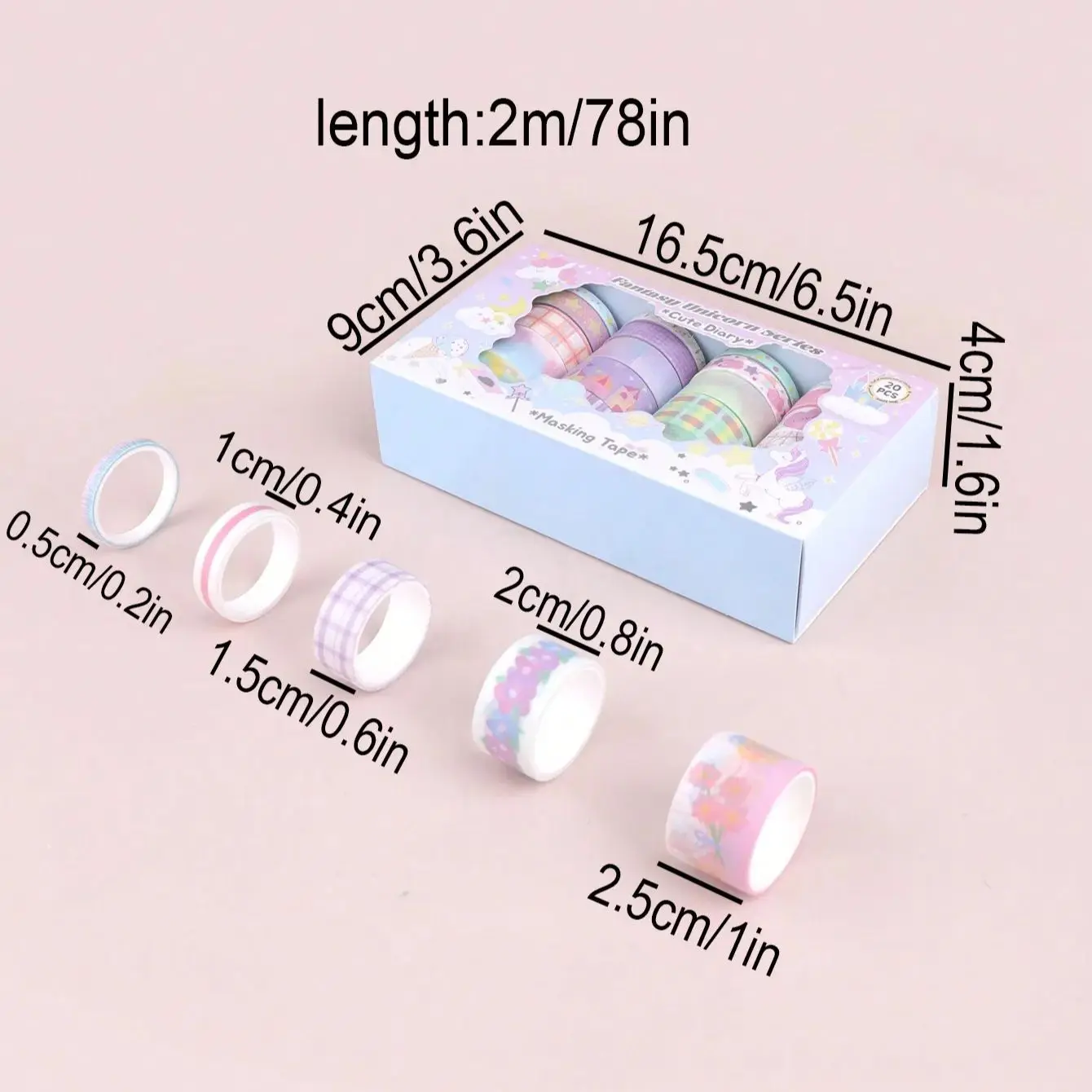 20 Rolls Cute Washi Tape Set,Kawaii Unicorn Floral Watercolor Candy Pattern,DIY Scrapbook Journaling Supplies Kit Gift for Girls