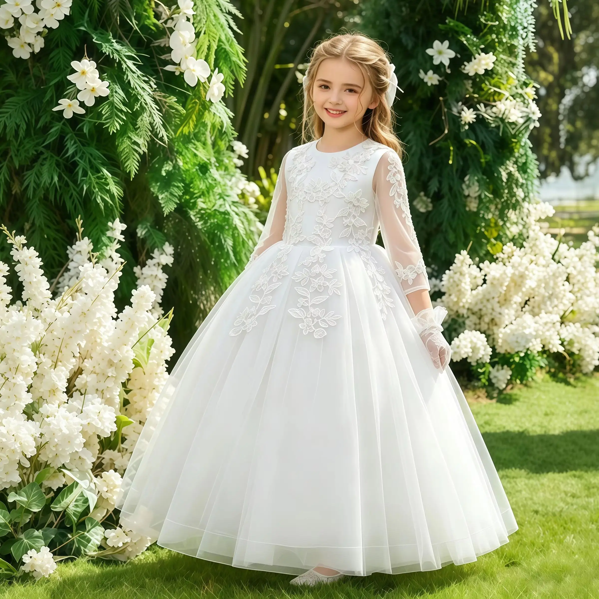 

Elegant Dress Teenage Girls Lace White Embroidery Long Sleeve Wedding Princess Dresses For Children First Communion Puffy Gown