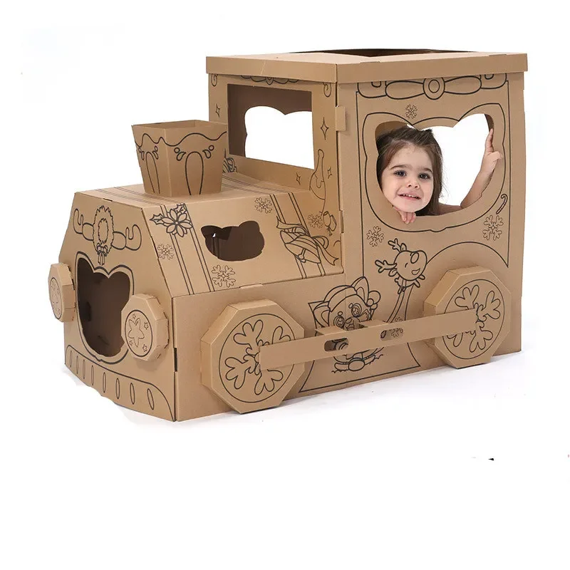 Tienda de campaña para niños, tienda de tren de papel con grafiti DIY, castillo de papel para colorear gratis, tienda de juegos para interiores y exteriores, regalo para habitación y casa