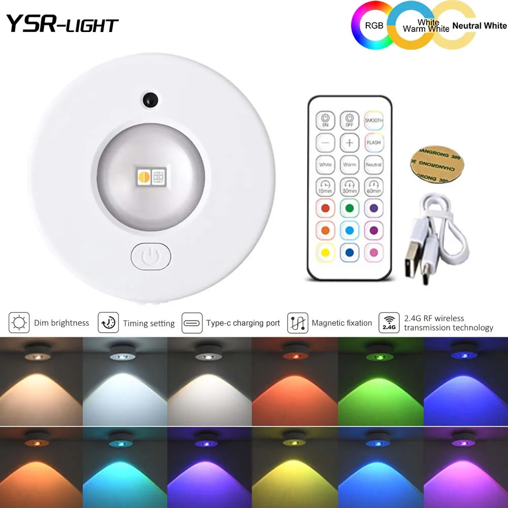 

Magnetic LED Round Spotlight RGB+White+Neutral White+Warm White Free Wiring Rechargeable with Remote For Closet Cabinet Shelf