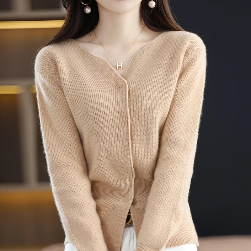 Cashmere Sweater Women\'s Cardigan Scissors Collar Hidden Buckle Pure Wool Sweater Autumn and Winter Coat Waist Slim Commute Top