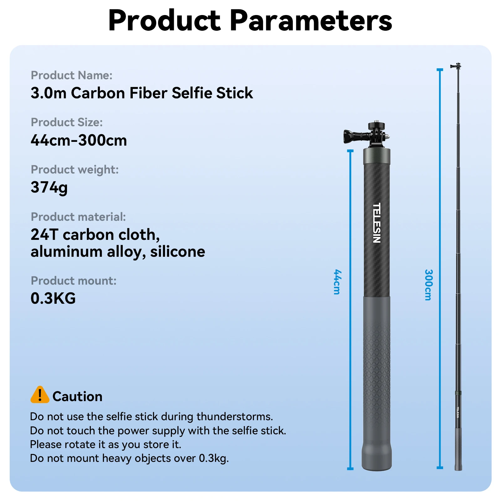 Telesin 3M 1.2M Koolstofvezel Selfie Stick Monopod Aanpassen Lengte Uitschuifbaar Met 1/4 Schroef Voor Gopro Insta360 Dji Osmo Action