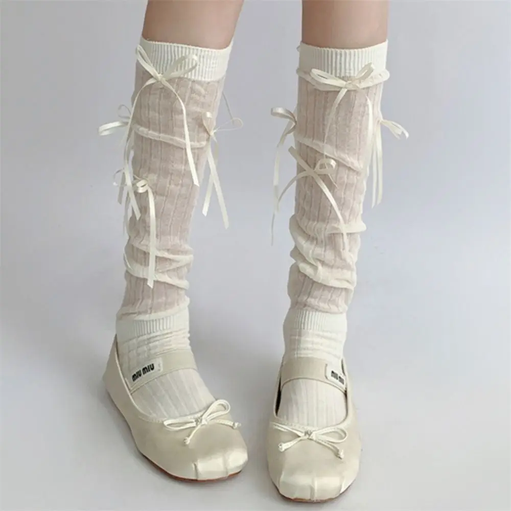 1 paio di calzini lunghi Lolita stile balletto dolce fasciatura Bowknot calzini alti al ginocchio stile sottile calze JK trasparenti per donne ragazze