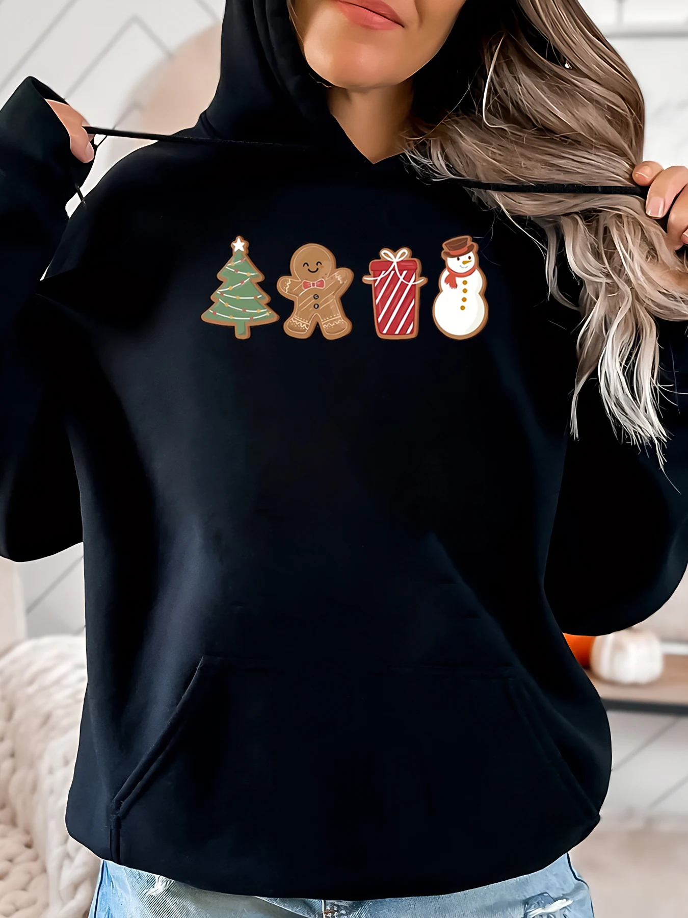 

Рождественская елка, пряничный подарок, Рождественская толстовка с принтом снеговика, женская повседневная праздничная одежда, черный размер больших размеров
