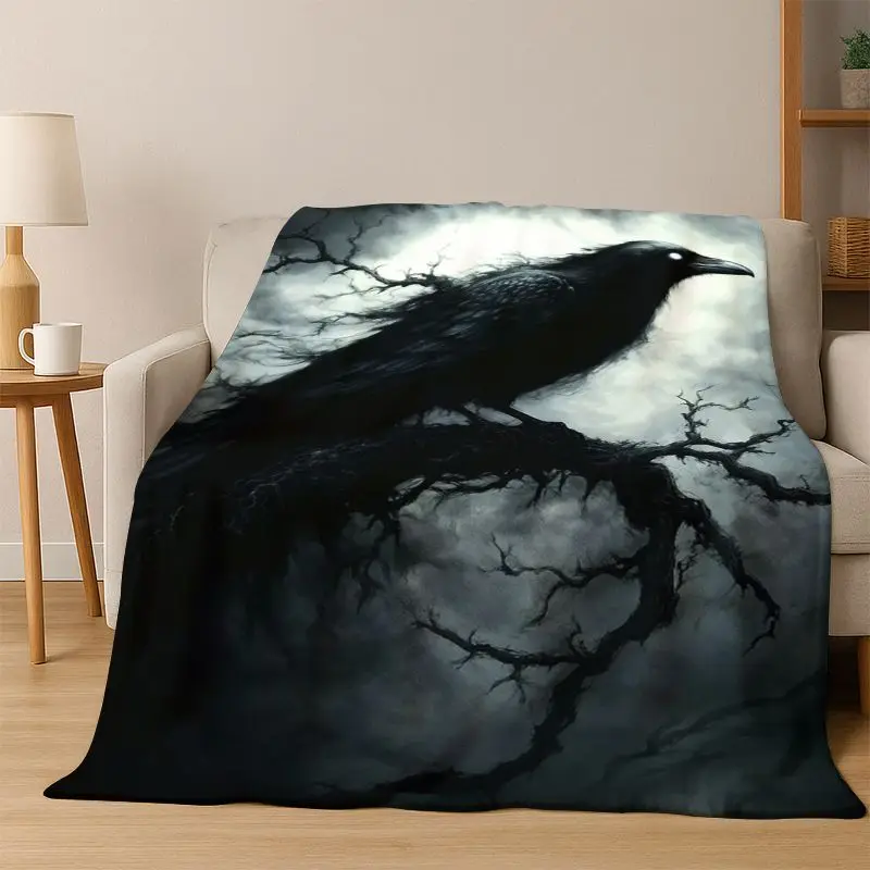 Gothic Raven Crow Skull Cartoon Flannel Blanket Soft Warm Blanket Throw Blanket for Bedroom Living Room Bed Travel Camping Gift