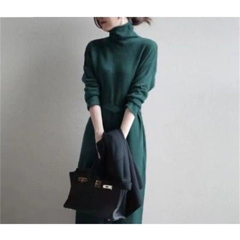 Goddess Fan Tie Waist Bottoming Long Skirt High Neck Knitted Dress Mid-Length Over-The-Knee Sweater Pullover Women