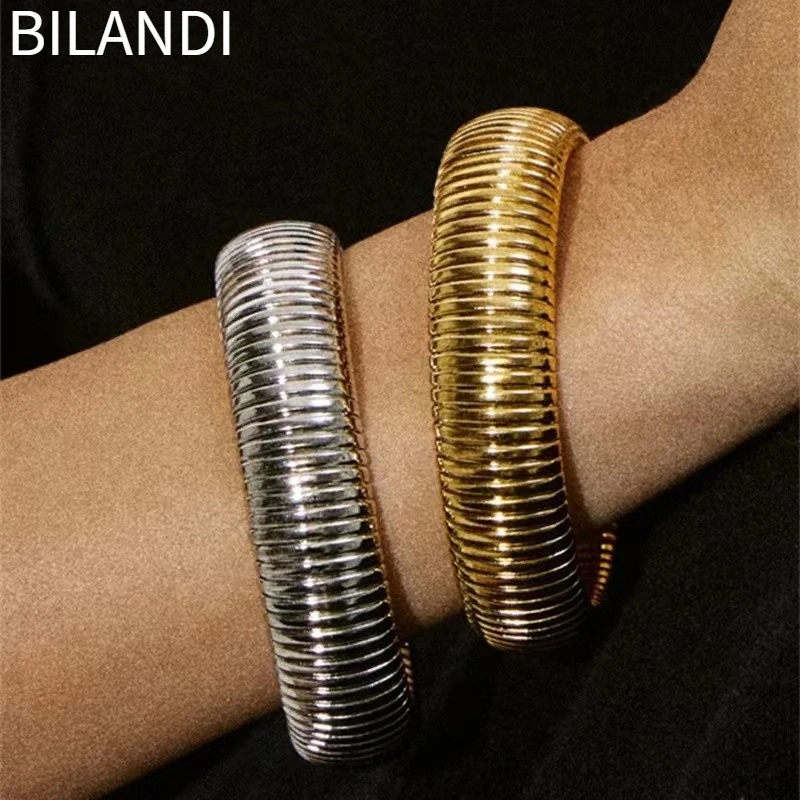 Bilandi Trendy Jewelry Hot Sale Silver Plated Gold Color Metallic Stretch Bracelet For Women Girl Gift 2023 Trend New Popular