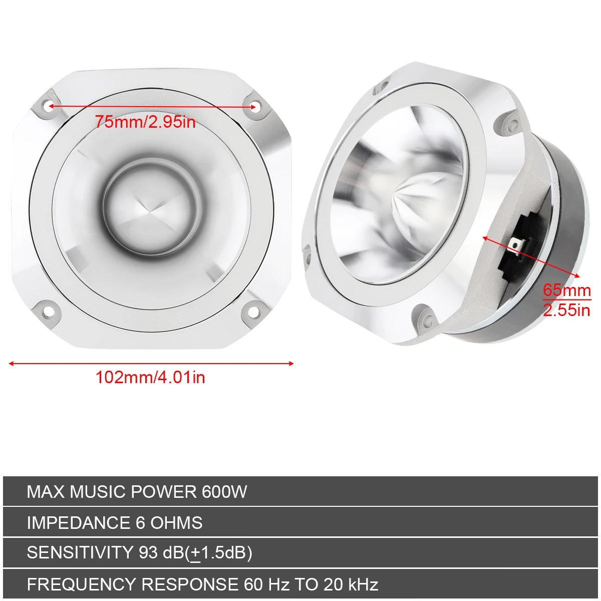 4 Inch 600W 6OHM GT-S20 Aluminum Casting Bullet Tweeter for Vehicle Auto Cars Stereo Modified with Capacitor