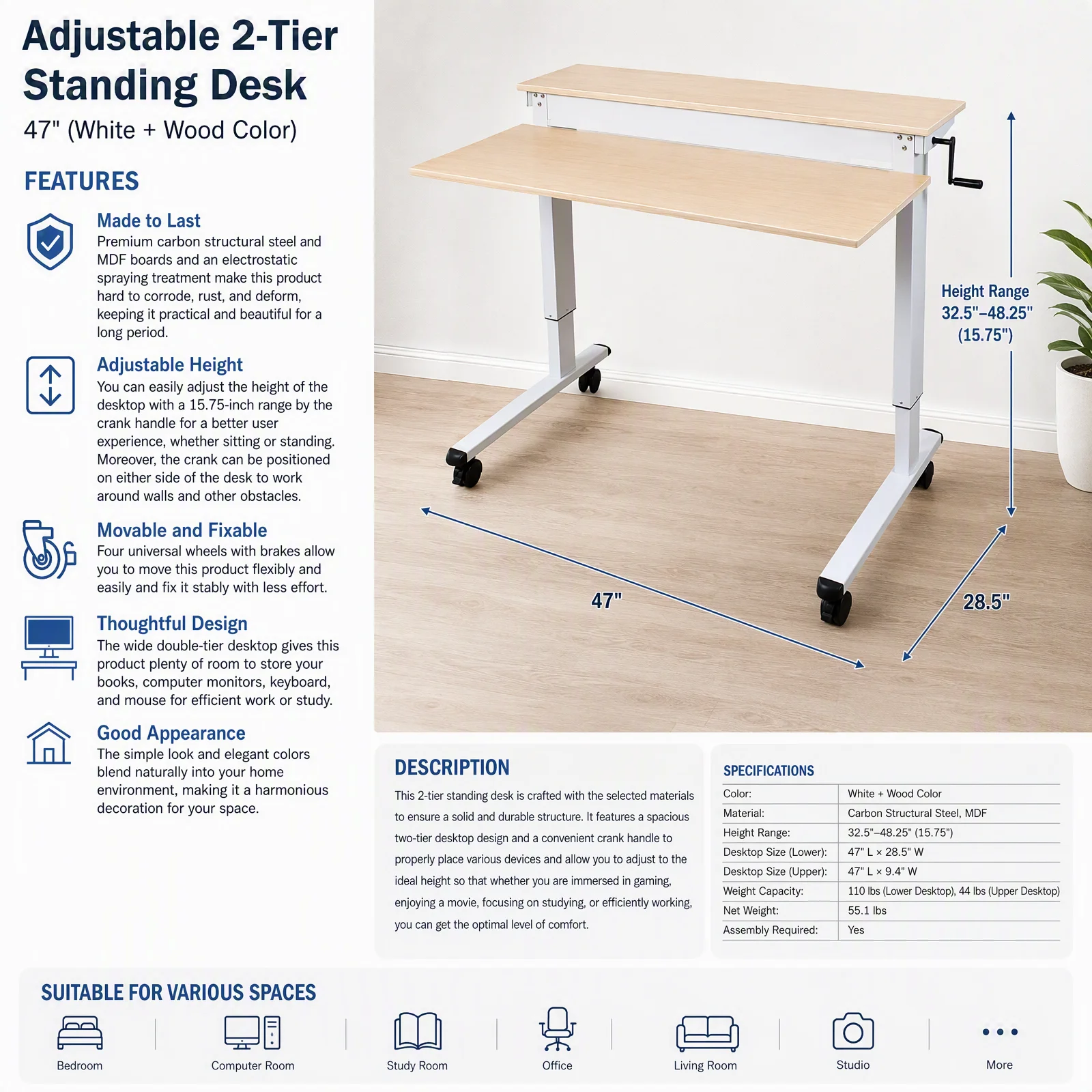 Adjustable Standing Desk 2-Tier Rolling Desk with Crank Handle, 15.75in Height Adjustable, Carbon Steel & MDF, 4 Wheels with Brakes, 66.14lbs Capacity for Home Office Study