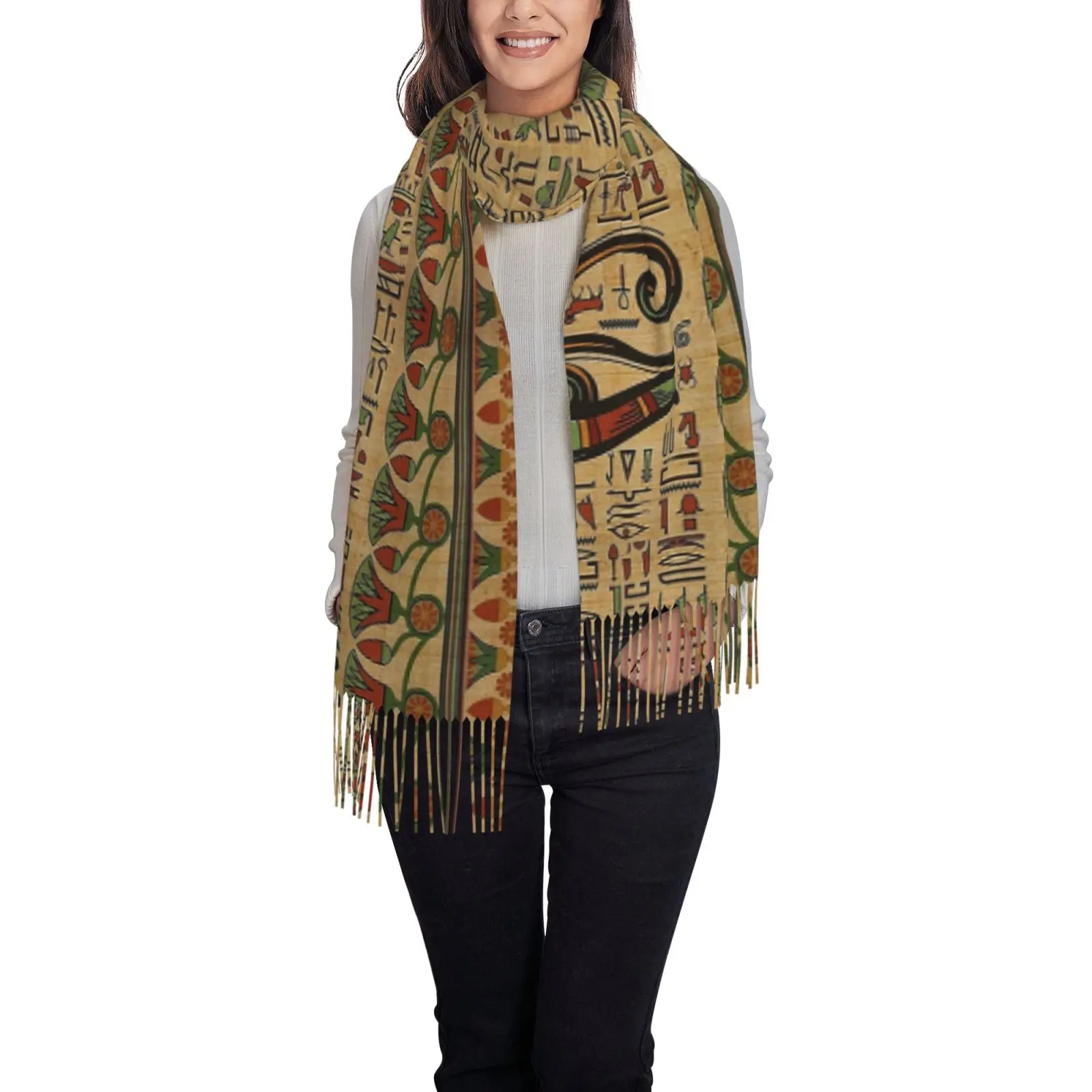 Women Vintage Egyptian Hieroglyph Pattern Scarf, Soft Warm Tassel Shawl, Retro Historical Style Outer Wrap for Travel
