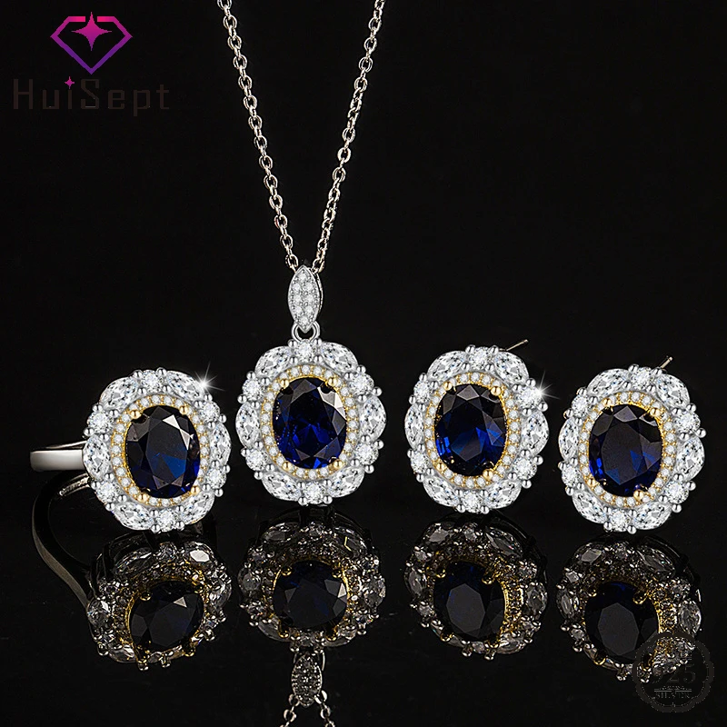 

HuiSept Jewelry Set Ring Earrings 925 Silver Ornaments with Zircon Gemstone Pendant Necklace for Women Wedding Bridal Party Gift