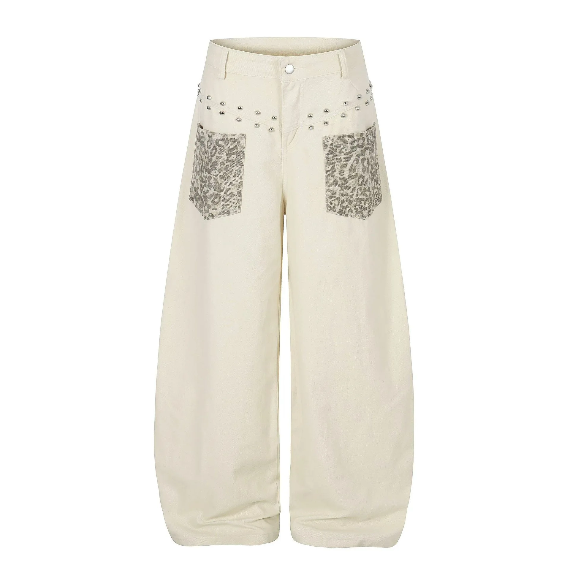 Leopard Splicing Rivet Loose Jeans Women Autumn New American Retro High Street Wide Leg Jeans