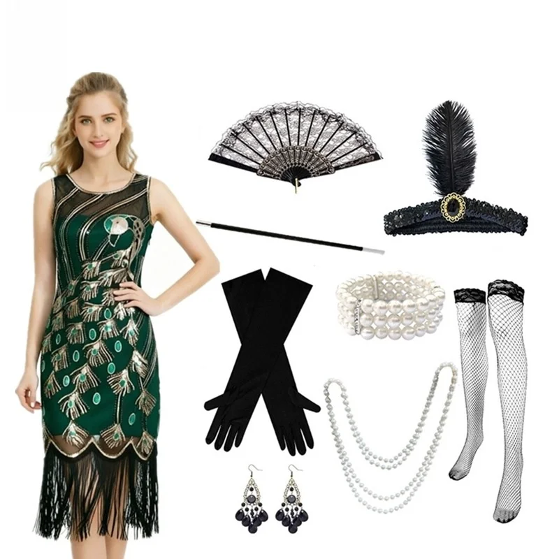 Retro 1920s Great Gatsby Party Dress Large Size Sequin Tassel Stage Performance Dress Women's Traditional Costume Ball Gown