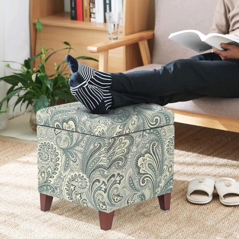 18 Inch Footstool with Storage Function, Paisley Linen Chair Footstool, Soft Cushion Dressing Stool with Hinged Cover