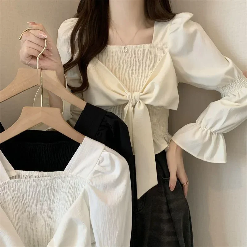 French Style Women Bow Shirts Casual Folds Puff Sleeve Black Base Shirt Female Elegant Slim Square Collar White Blouse Woman