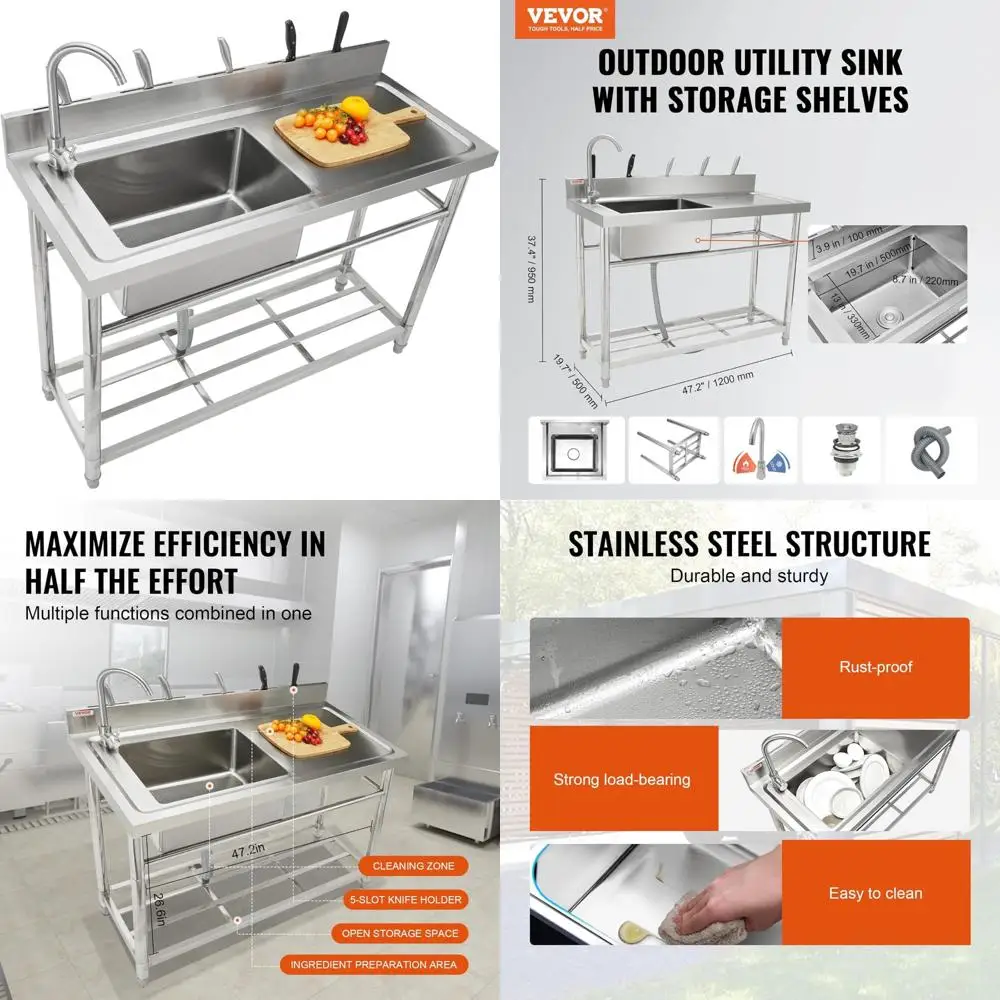 

Stainless Steel Freestanding Single Bowl Utility Sink with Workbench, Commercial Kitchen Sink Set, 47 x 19.7 x 37.4