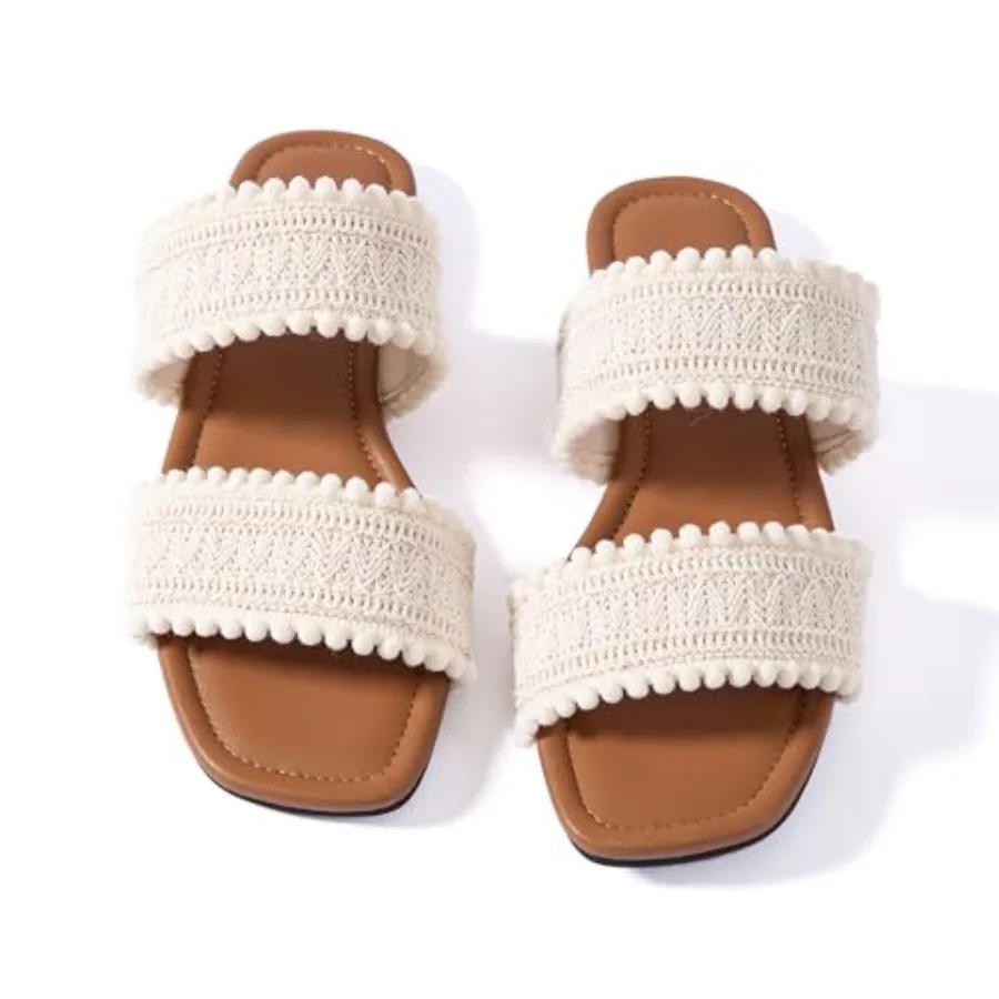 

Women Flat Sandals Braided Double Strap Ladies Summer Dressy Casual Vacation Bohemian Cute Leather Beach Comfy Slip On Slides