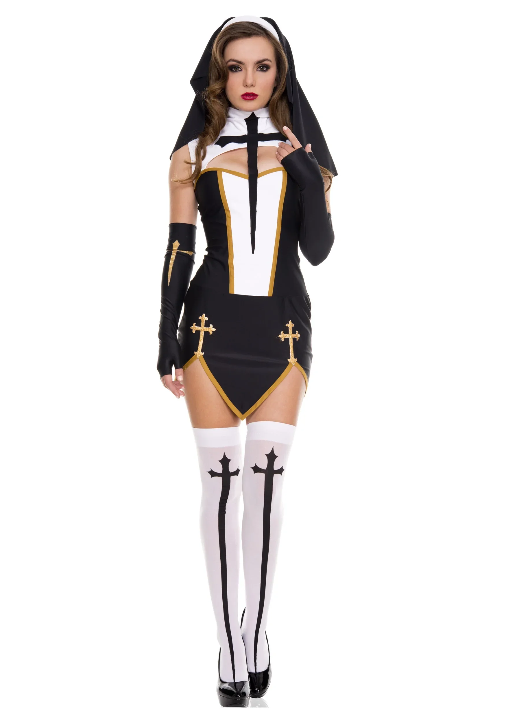 S-XXXL Women Sexy Nun Costumes Dress With Stocking Headpiece Gloves for Adult Cosplay Halloween Fancy Dress Up