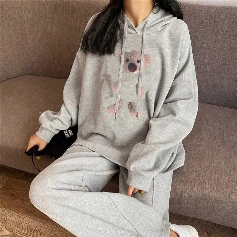 Freizeit Bär Sport Set Frauen Herbst/Winter neue koreanische Ausgabe Freizeit lose Hoodie weites Bein Hosen 2-teiliges Set