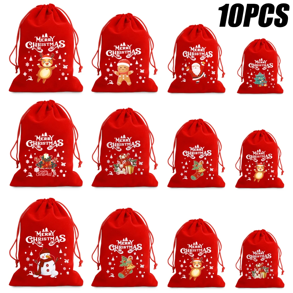 10/1pcs Christmas Drawstring Velvet Bags Red Candy Biscuits Pouch Boutique Jewelry Packaging Bags Christmas Gift Storage Bags