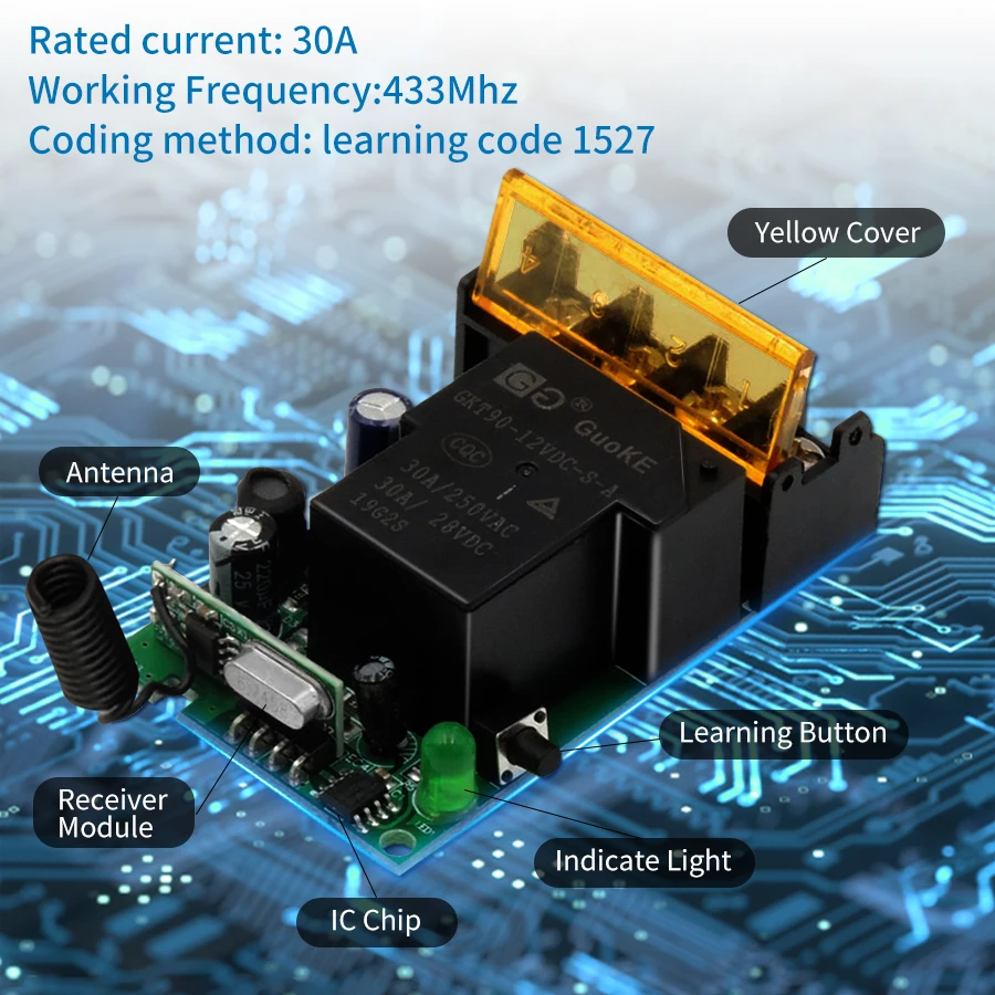 30A RF 433Mhz Wireless Remote Control Switch AC 75-220V DC 9-72V 12V 24V Receiver for Water Pump Motor Door Access LED Light