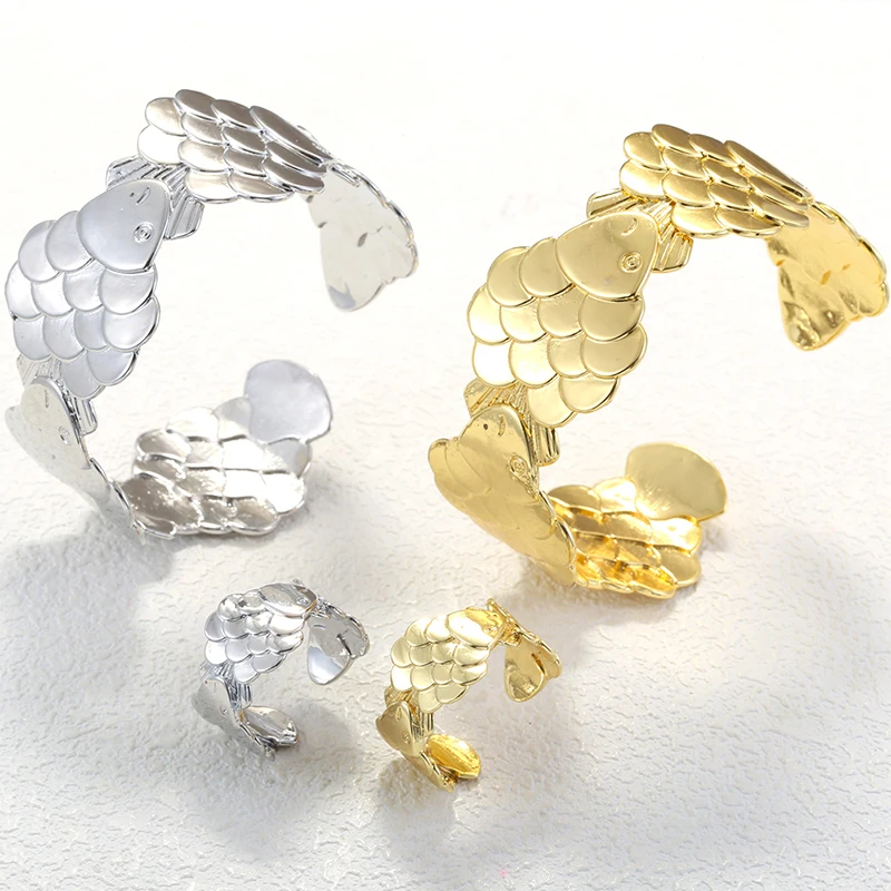 Koi Fish Open Cuff Bangle & Ring 18K Gold Plated Brass Fish Scale Adjustable Bracelet Ring Ocean Animal Jewelry:VL899 VJ1001