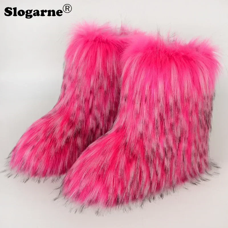 Botas de pele fofa feminina, botas de neve peludas, calçado quente ao ar livre, calçado de luxo para meninas, pele de raposa falsa, inverno, 2022, 2024