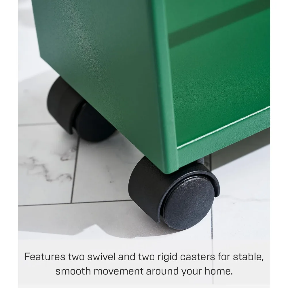 عربة أدوات دوارة من 3 طبقات موفرة للمساحة في المطبخ مع مقبض، فولاذ، أخضر غابة، تصميم نحيف للتخزين الفعال