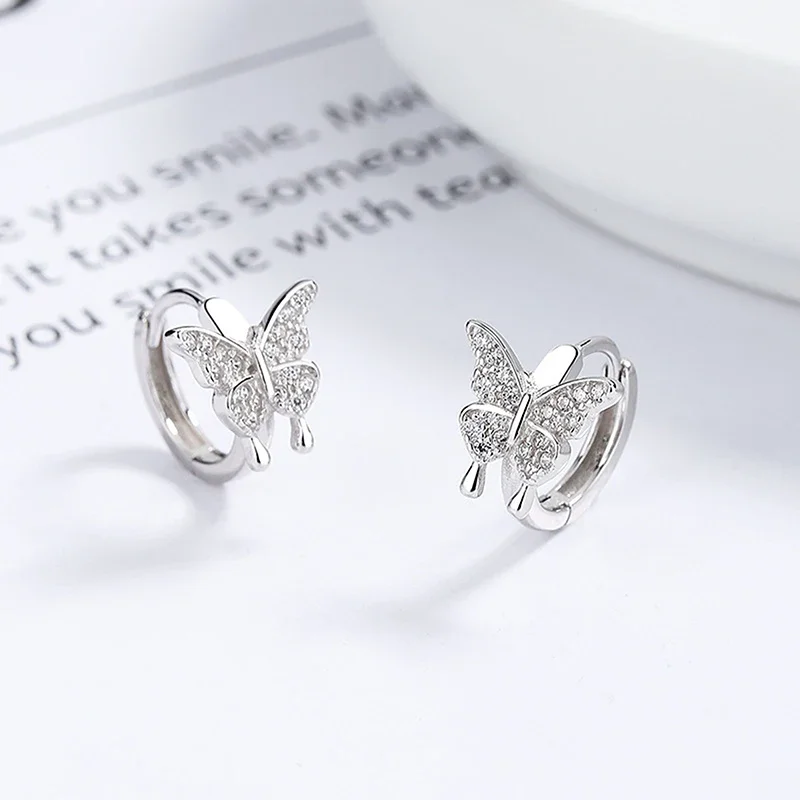 Cute Lovely Butterfly Hoop Earrings For Women Shiny Micro Crystal Romantic Round Circle Tiny Ear Hoops Jewelry Accessories Gifts