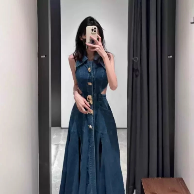 Y2K Vintage Denim Dress Women Clothing 2024 Summer New Hollow Split Waist Long Frock Sleeveless One-Piece Sexy Denim Dress lady