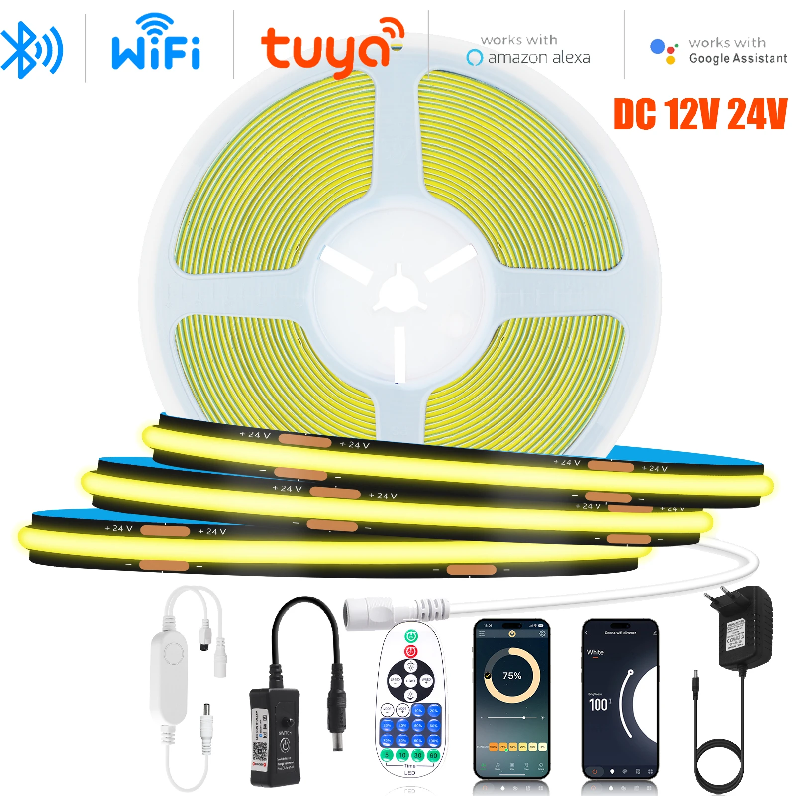 

8MM COB LED Strip Light with Tuya WiFi/Bluetooth/Plug 12V 24V Black PCB Flexible LED Tape 320LEDs High Density Linear Light