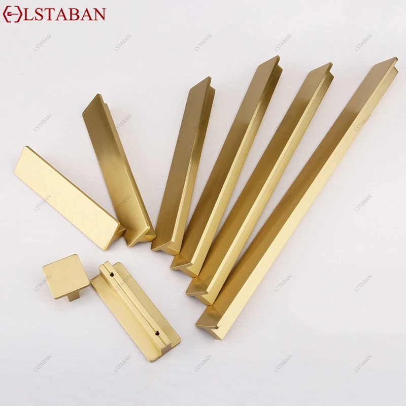 Solid Brass T Bar Cabinet Pull Handle Luxury Gold Kitchen Cabinet Lengthen Door Handle Cupboard Wardrobe Pure Copper Drawer Knob