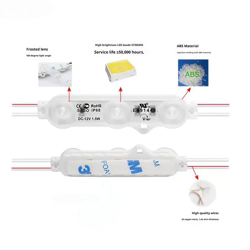 100PCS/bag 5730 LED MODULE DC12V 3LED 1.5W Ultrasonic Injection Light Waterproof IP68 For Letter Sign Advertising Sign
