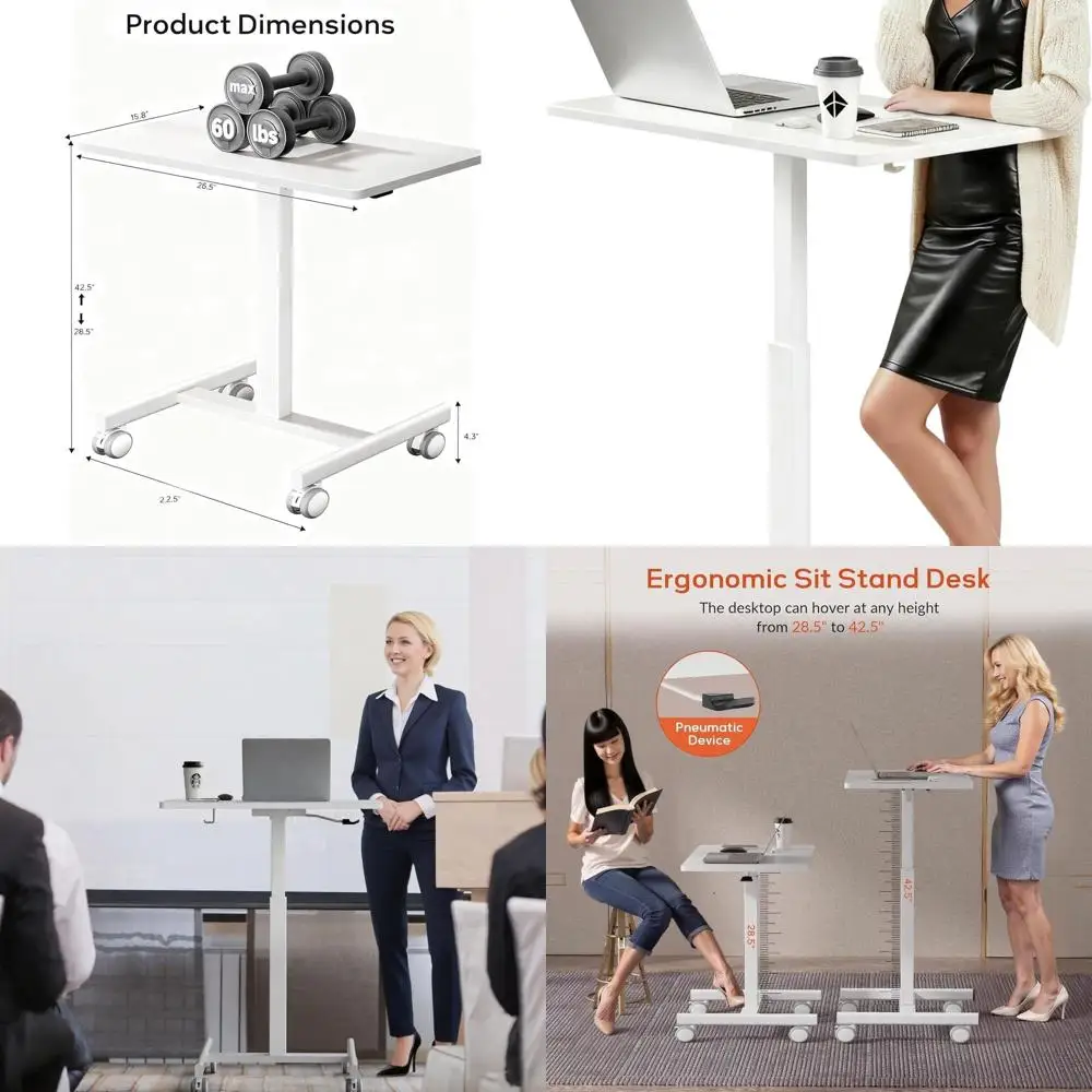 

White Portable Standing Desk with Lockable Wheels and Hook for Home Office