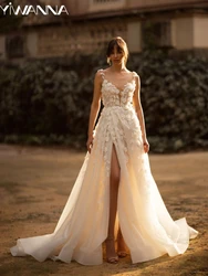 Requintado 3d flor vestido de casamento sexy lado alta fenda sem costas noiva robe glitter longo vestido de noiva personalizado robe de mariée