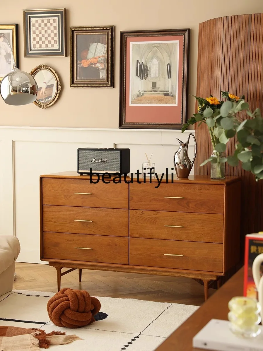 

North American solid wood cherry wood six-chest cabinet living room porch storage drawer side cabinet