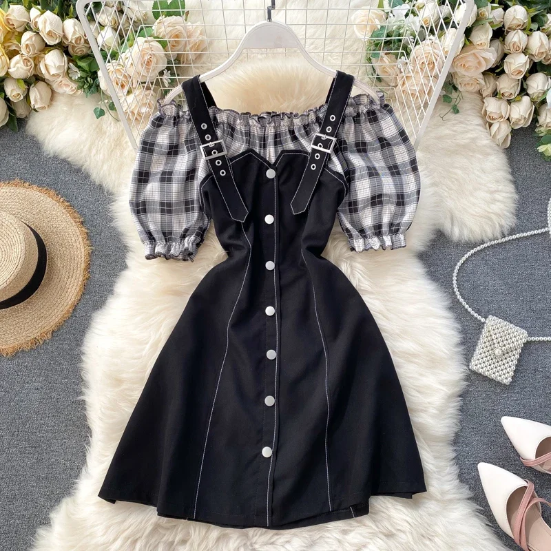 

Women Plaid Strap Dress Korean Slash Neck Sexy Off Shoulder Button Puff Sleeve Dress Summer Patchwork A Line Sundress