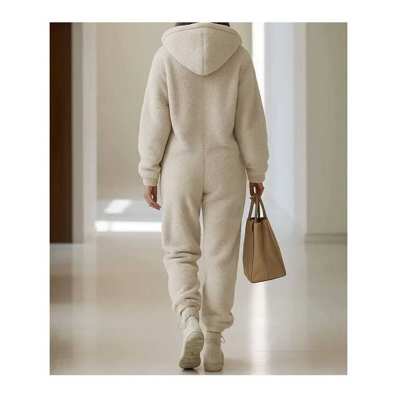 

2025 autumn and winter women's clothing hooded pockets loose straight thickened thermal jumpsuit trousers