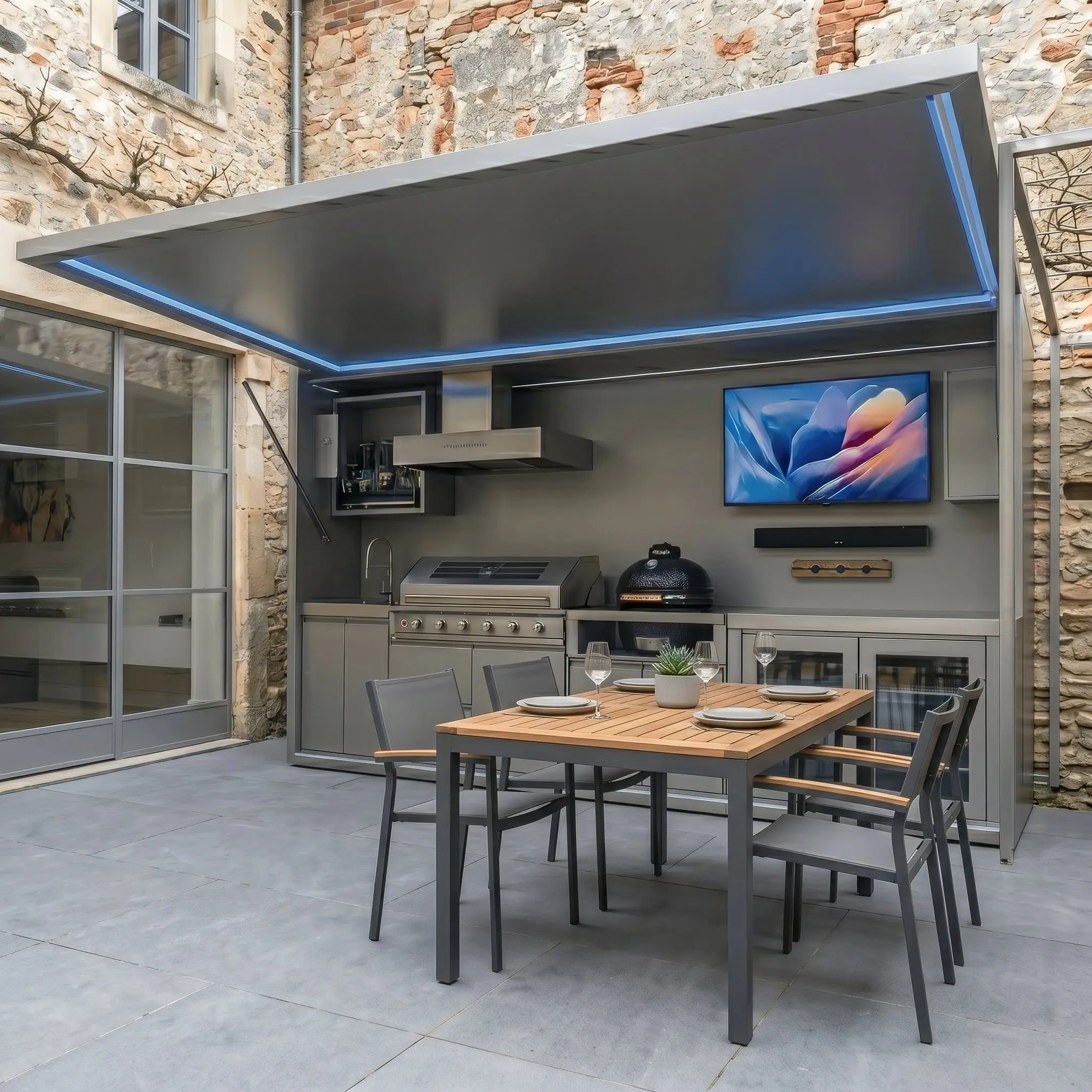 Modern Luxury Backyard Outdoor Kitchen Shed With Electric Lift Up Roof And Built In Sink Fridge Storage And Grill