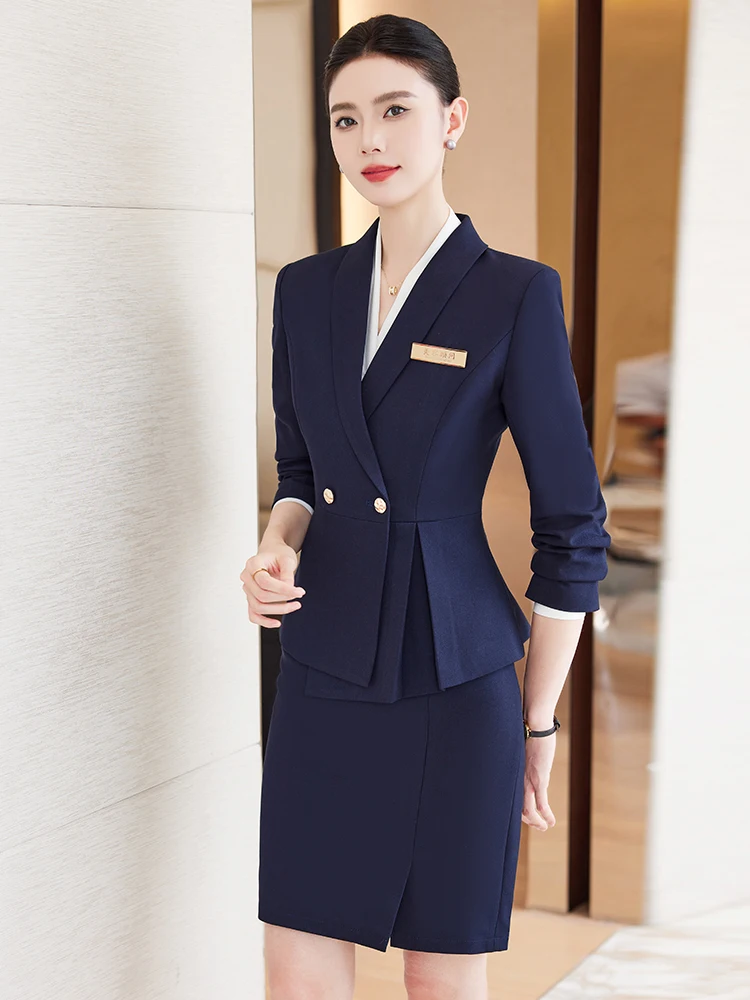 ชุดสูททรงเข้ารูปสำหรับผู้หญิง สไตล์ลำลองทางการ ช่วยกระชับเอว ดูทันสมัย ช่วยให้ดูผอมเพรียว ชุดสองชิ้น ผลิตจากเส้นใยโพลีเอสเตอร์