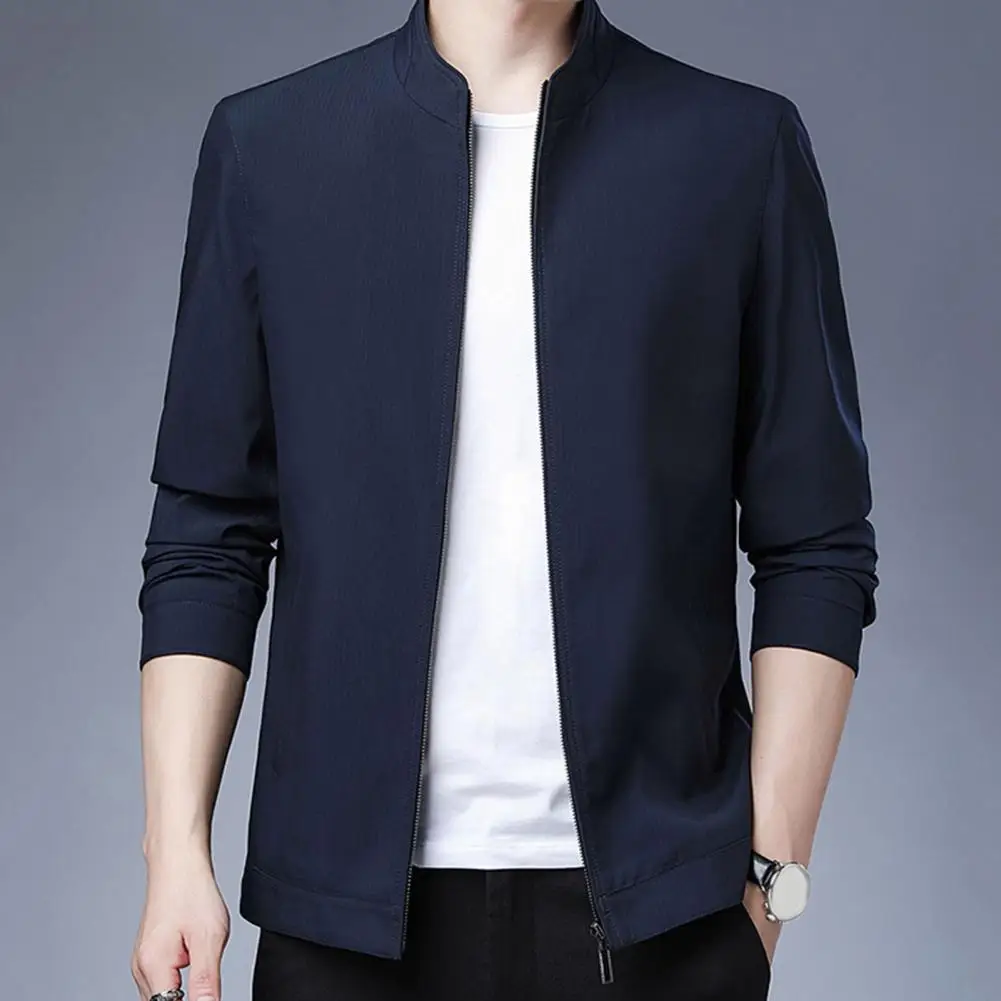 Men Jacket Spring Fall Stand Collar Business Coat Solid Color Long Sleeves Zipper Cardiga  Office Coat Slim Fit Men Suit Jacket