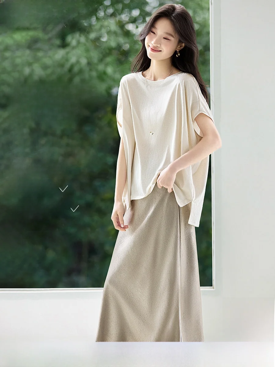 

Mo Han Mei 2026 Summer New Airy Loose Slimming Short Sleeve Women's Set Paper Doll Imitation Acetate Half Skirt Fashion Set